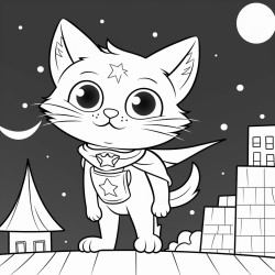 make pictures a kitten in a superhero costume stands on the roof of a house and looks up at the night sky preparing for his exploits bats and the silhouette of the moon can be seen in the distance he looks confident and heroic