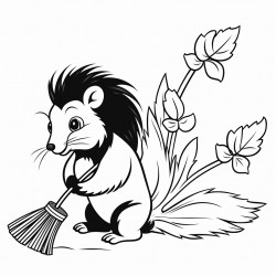 a skunk cleaning the leaves with a broom