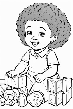 beautiful chubby young african american baby girl sitting in upright position smiling while playing with letter blocks