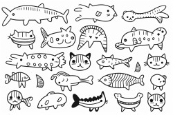 random figures cartoon cats playful poses paw prints fish bonesbows outlined in bold clear lines colouring book line drawing white