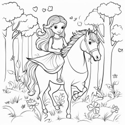 a princess riding a unicorn through a forest with butterflies and birds