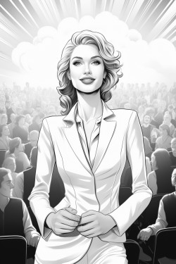 a woman in a suit on stage at a business conference in front of a bunch of people in the audience