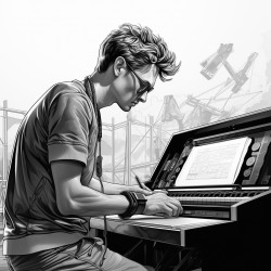 tall guy in a tshirt and athletic shorts with sunglasses operating a light board in a concert venue