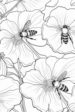 honey bees buzz among the petunia flowers