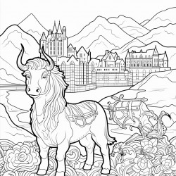 scotland include edinburgh castle a bagpiper  a scotch whisky bottle  a highland cow  the flag of scotland