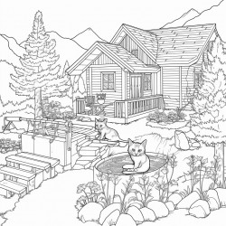 mountainous property ranch house with several cats playing outside near birdbath and simple yard plants