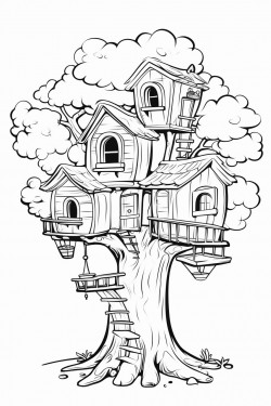 treehouse coloring page nature ilustration