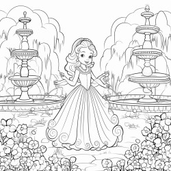 the princess exploring a magical garden filled with flowers and fountains