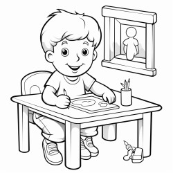 a little boy coloring on a table with many colors