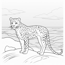 sunset coluring page over the ocean with a cheetah on the beach