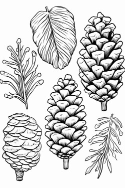 a cute pinecone collection  coloring bookvector white background black and white black drawing