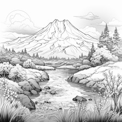 river with reflection and a volcano behind it