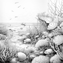 ocean scene with a lot of animals seaweed and clams
