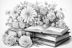 books surrounded by various delicate roses and dahlias