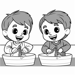 a 35 year old kid washing hands before and after meals and he is having smile on his face