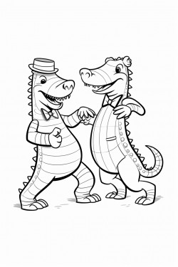 an alligator dancing with zebra in a simple coloring book style with low detail