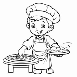 bambino pizzaiolo in piedi ad uno sgabello che stende una pizza