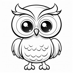 black and bright white whimsical cartoon baby owl full body on white background coloring page