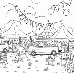 a festival in a field with market stalls food trucks and bunting
