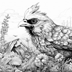 a hungry chicken trying to eat a bee for dinner