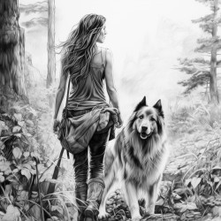 dog that is walking in the forest and a girl