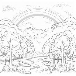 a magical forest landscape with a rainbow