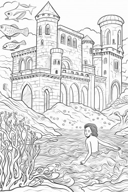 ocean mermaid and mermen with castle swimming and turtles coloring page