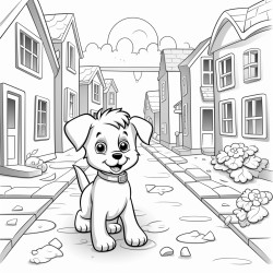 could you please draw a cartoon puppy in a town on cobbled road