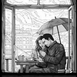 raining  couple back  window  bookshelf  coffee