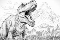 a tyrannosaurus rex roaring on a cliff with a volcano erupting in the background