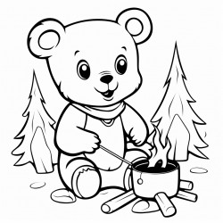 a cute bear cub roasting marshmallows by a campfire black and white outline leaving space for kids to color
