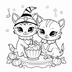 two cute smiling kittens in costumes one in a pumpkin costume the other a vampire stand next to a table laden with halloween treats a garland of bats and cobwebs hangs in the background