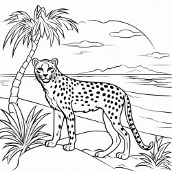 sunset coluring page over the ocean with a cheetah on the beach with a palm tree