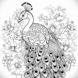 peacock in open pose mandalas theme floral elements detailed drawing