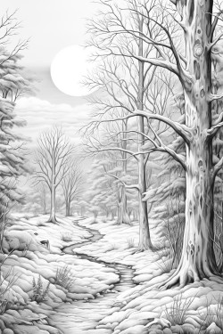 winter tree scene with many trees and the sun shining with sun rays