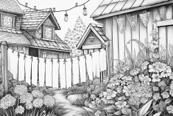 quilts hanging on the line in a flower garden