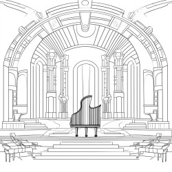 art deco concert hall with music instruments