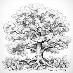 a majestic oak tree with branches full of multicolored leaves with acorns scattered at its base