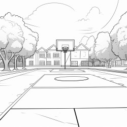 a large cement pad with a basketball court in the background and a grass field to the side