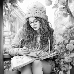 an adult girl sitting on a bench writting on her diary