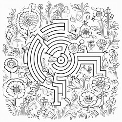 a complex labyrinth set in a garden with flowers and butterflies along the path