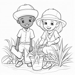 professional sketch drawing of african boy and a girl chlid caring  for plants in the forest for a coloring page