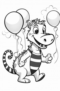 an alligator holding balloons dancing with a zebra at a tea party