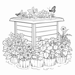a vegetable and flower garden with different types of pollinators and a compost bin