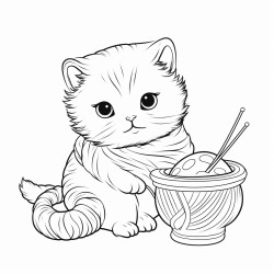 can you design a coloring sheet with a cute chubby cat playing with yarn