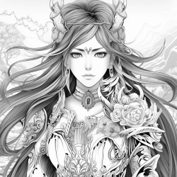 greyscale adult coloring page with manga woman with long hair