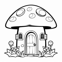simple blackandwhite coloring page for children age 10 of a boleto mushroom with windows chimney door garden  niji 4