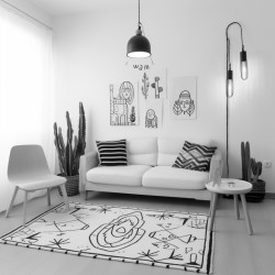 salon bohme avec tapis superposs canap  motifs plantes exotiques macram mural et lampe vintage