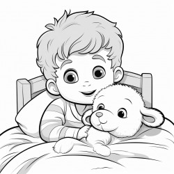 little boy cuddling lamb stuffie in bed kleurplaat