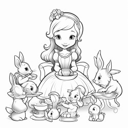 a princess having a tea party with a group of animals like bunnies squirrels and birds